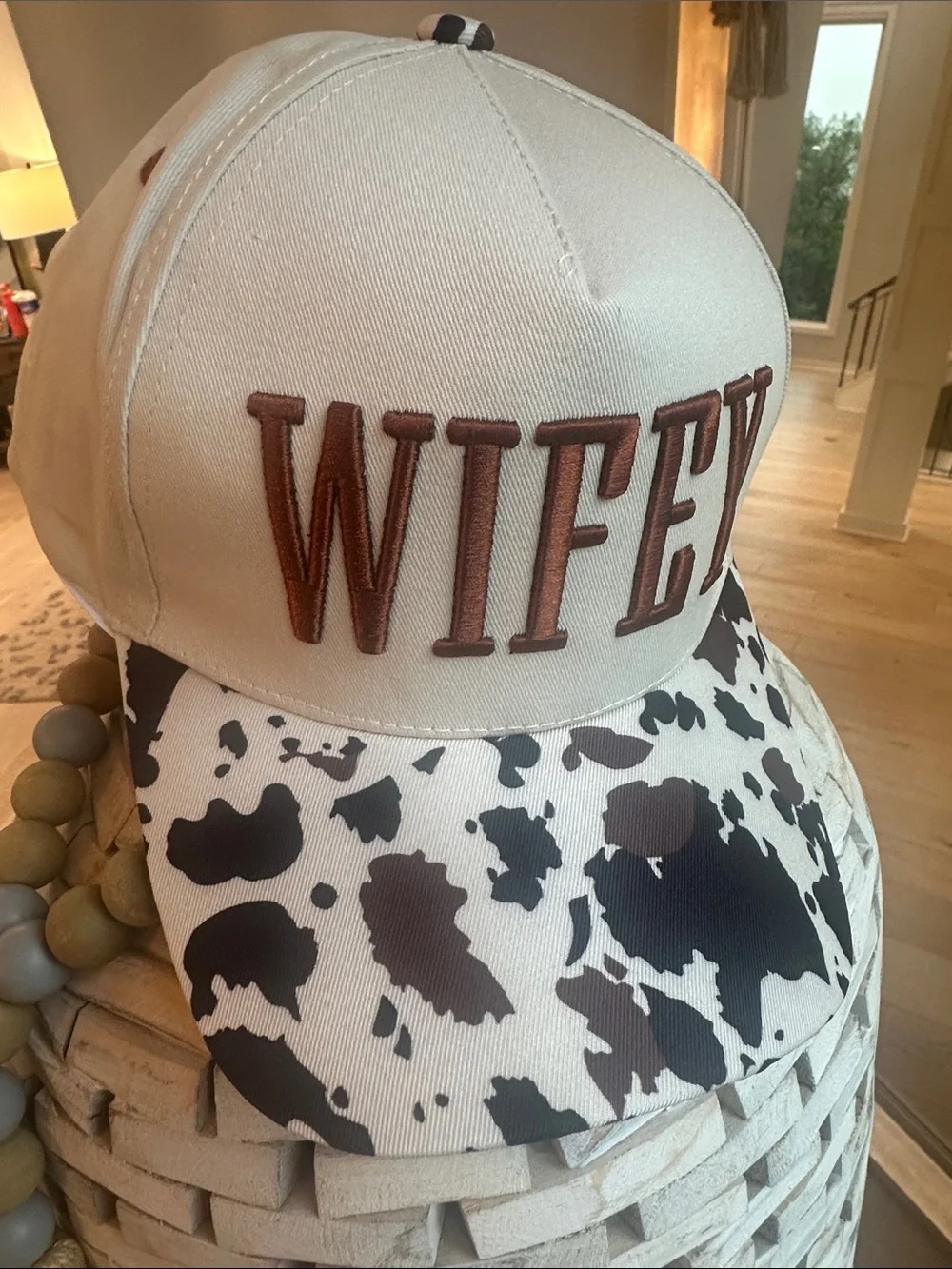 Wifey Embroidered Trucker Hat - Cream with Brown Cow Print Brim